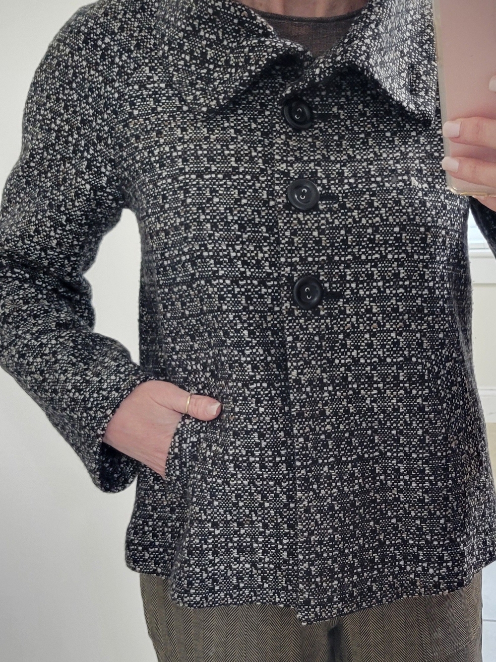 Olsen Europe Women’s Black & White (also Brown) Tweed Button-Front Jacket